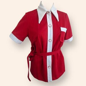70s Red Casual Blouse Vintage Short Sleeve Button Pointed Collar M